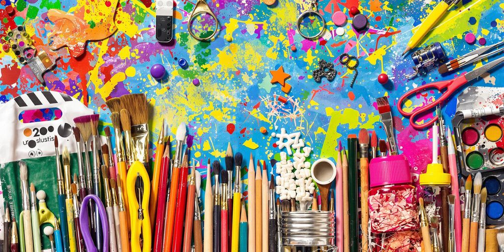 Diverse creative tools on a dynamic background.