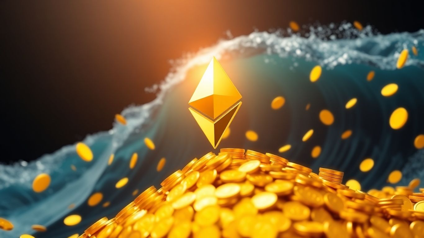 Ether symbol with falling gold coins and upward light wave.