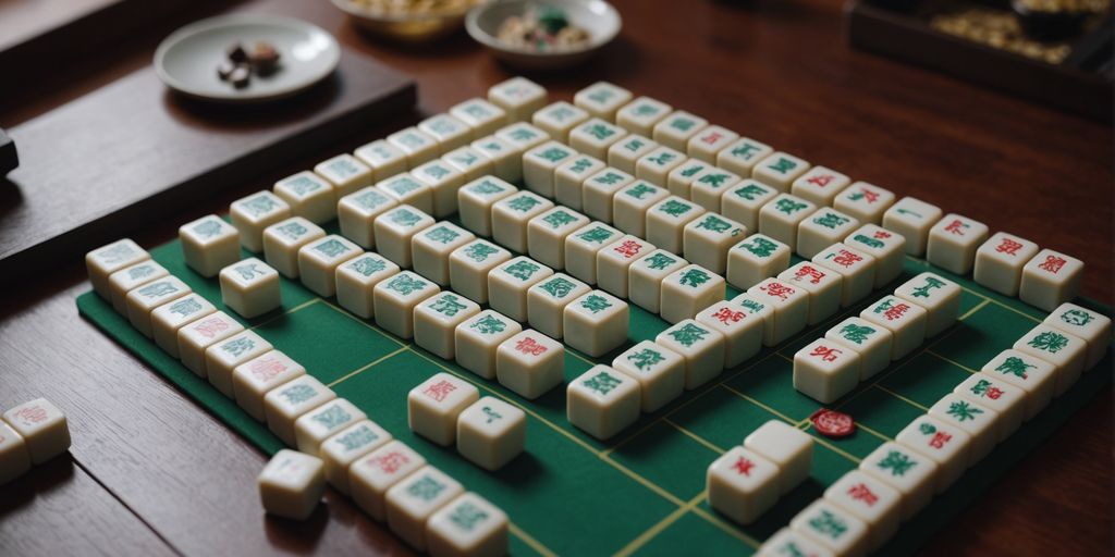 Mahjong tiles set up for a game on a table.