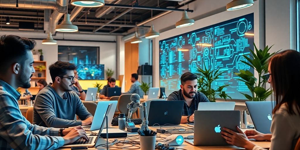 Modern workspace with entrepreneurs and AI technology.