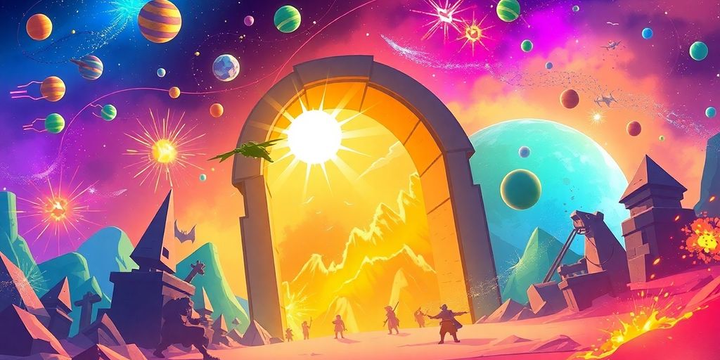 Futuristic game art with glowing particles and abstract shapes.