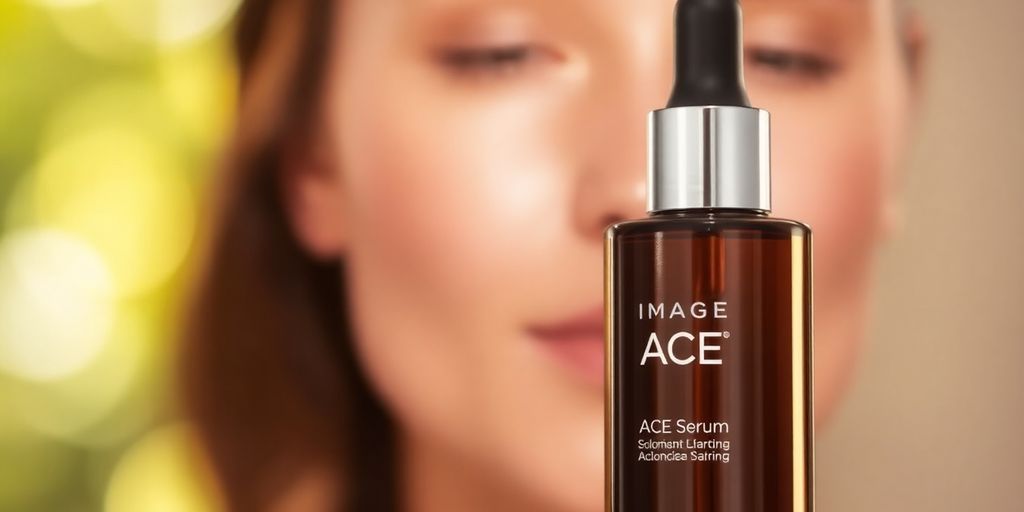 Bottle of Image Skincare ACE Serum with glowing skin.