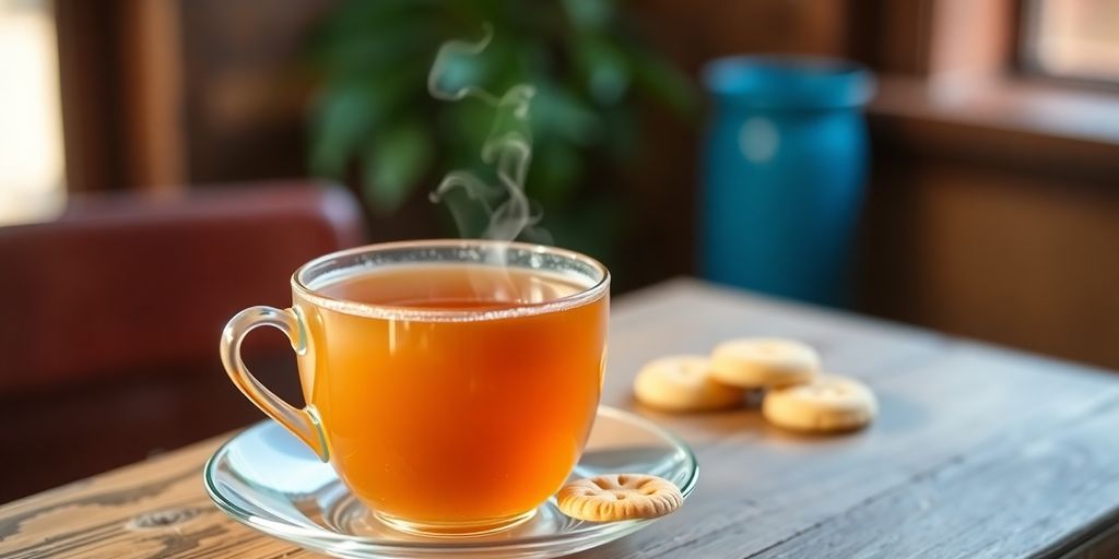 แก้วชาบนโต๊ะไม้พร้อมขนมเบรคเบาๆ