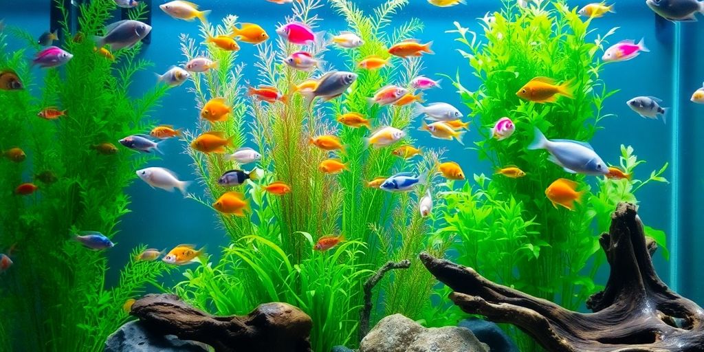 Colorful fish swimming among plants and decorations in an aquarium.