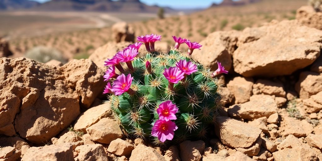 Cactus Mammillaria hahniana en hábitat rocoso con flores.