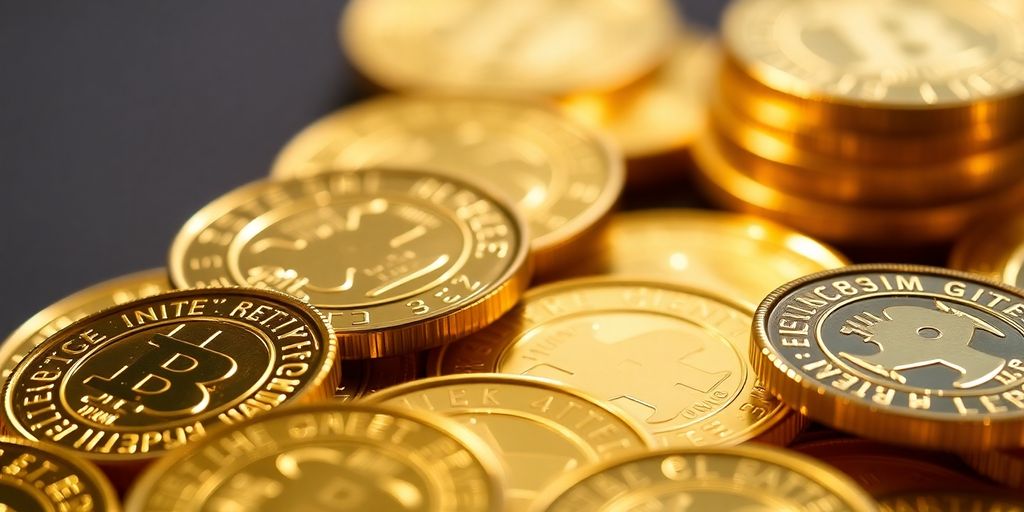 Pièces d'or brillantes sur un fond flou.