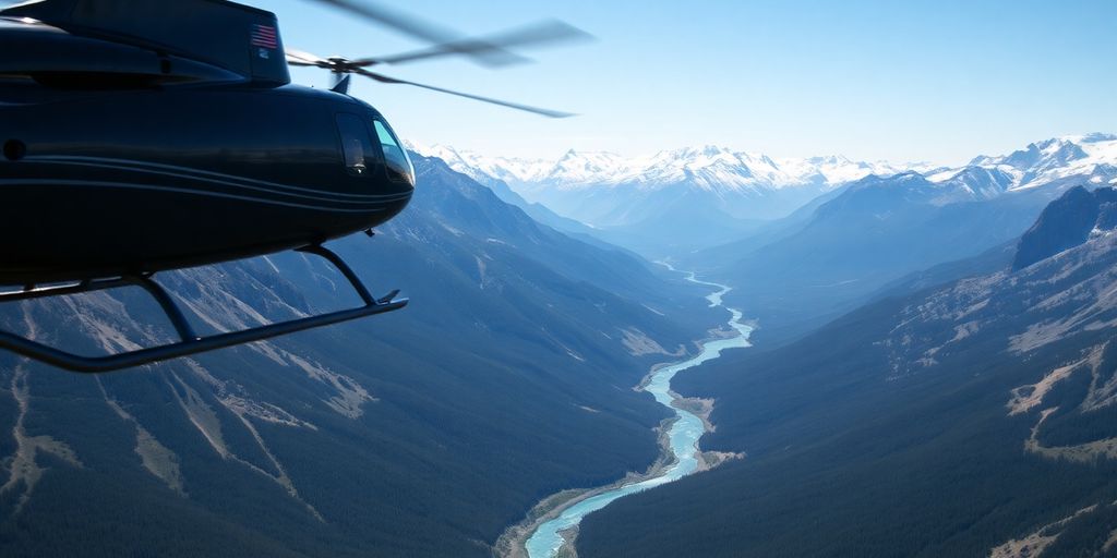 A helicopter flying over vast, snow-capped Alaskan mountains.