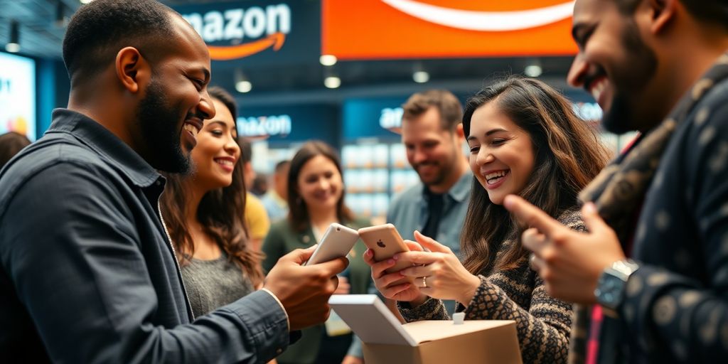 Customers engaging joyfully in an Amazon retail setting.