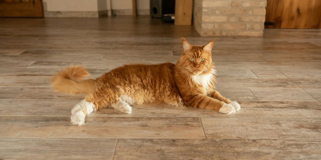 an orange and white cat laying on a tile floor