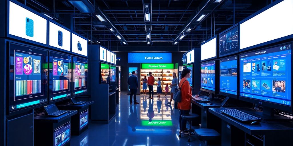Futuristic retail with advanced computer systems and AI.