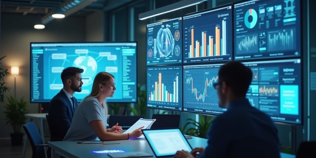 Profissionais de marketing digital em ambiente tecnológico moderno.