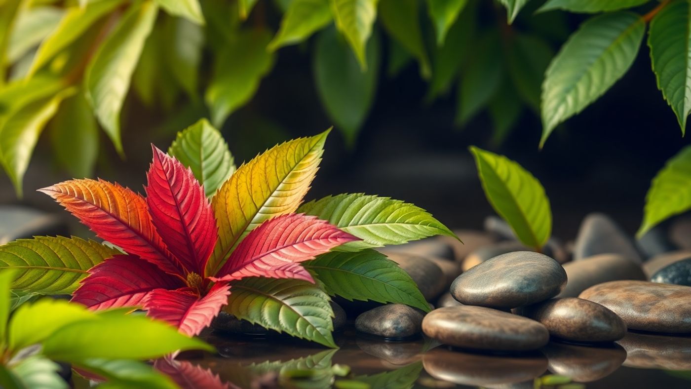Vibrant kratom leaves in a peaceful setting.