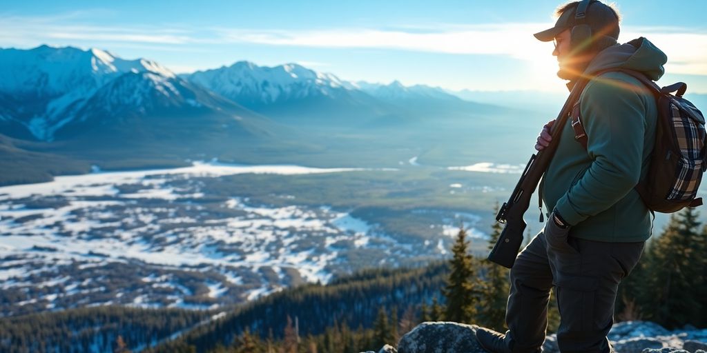 Hunter with a rifle overlooking a vast Alaskan mountain range.