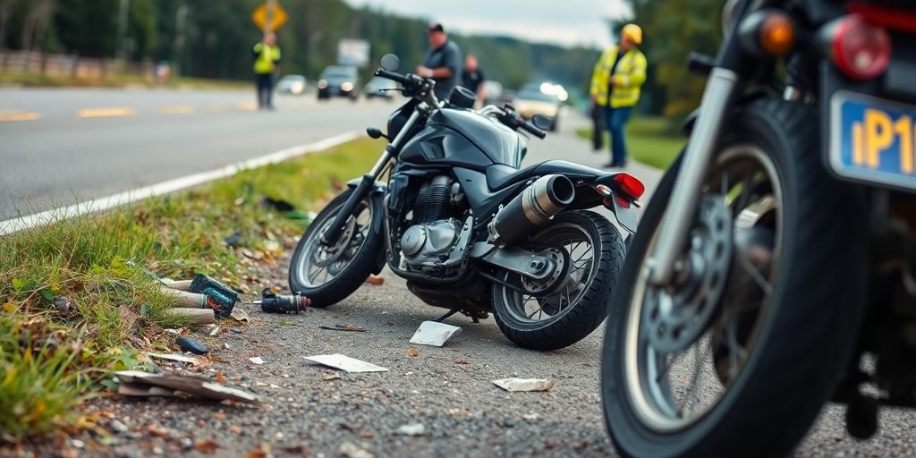 Motorcycle accident scene with debris and emergency responders.