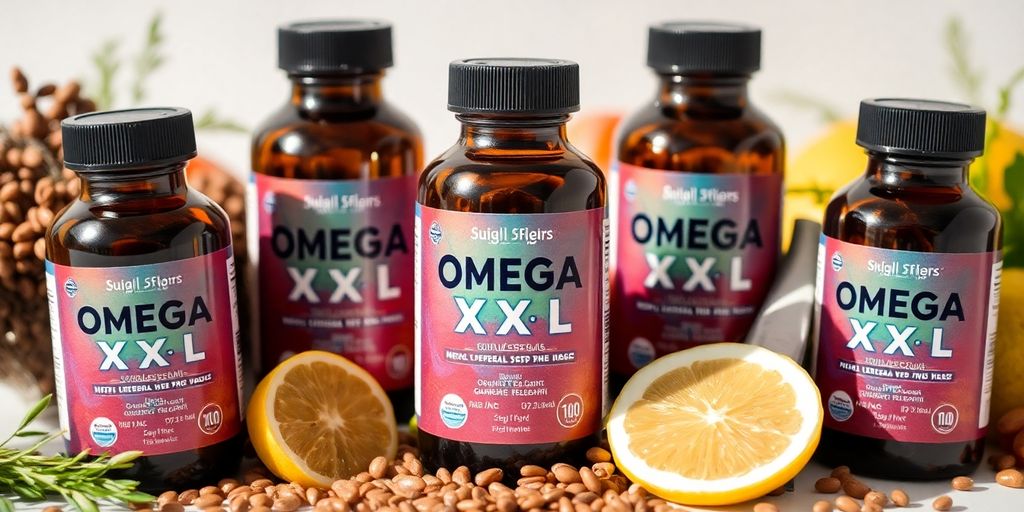 Bottles of Omega X L with natural ingredients around them.