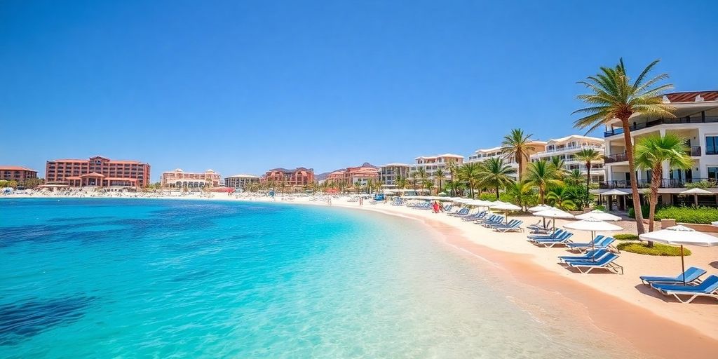 Cabo San Lucas beach with resorts and palm trees.