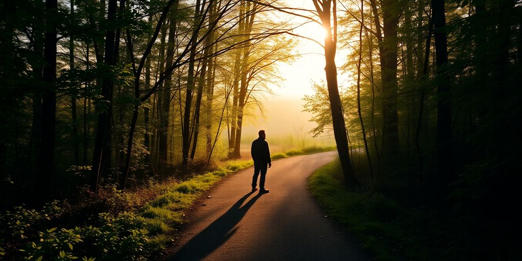 Person on sunlit path through peaceful forest looking forward.