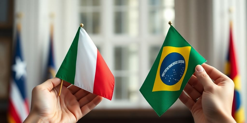 Bandeiras italianas e brasileiras lado a lado.