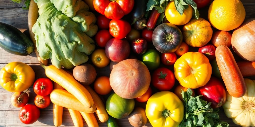 Table with various fresh fruits and vegetables.