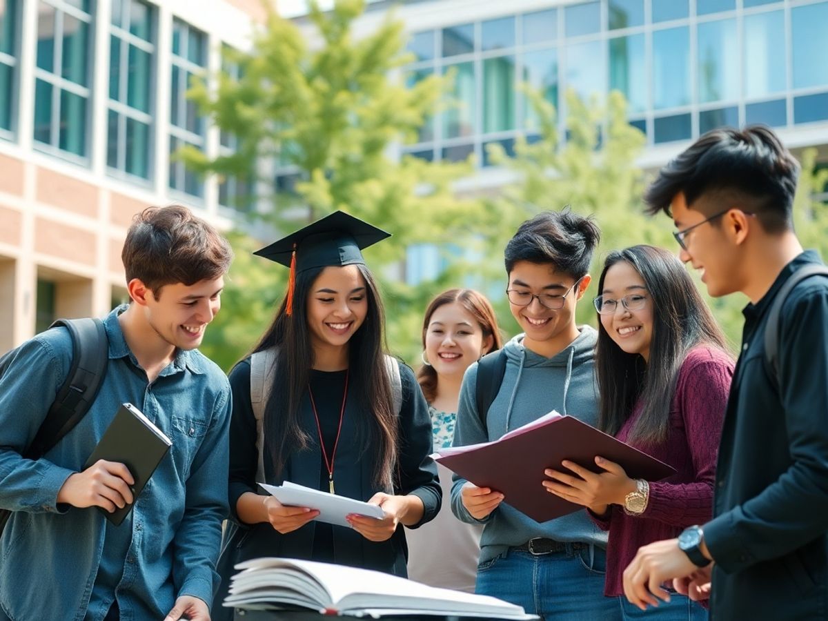 Diverse graduate students studying together on campus.