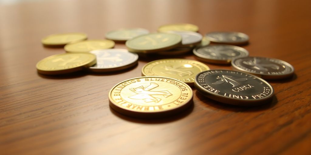 Coins and tokens on a table