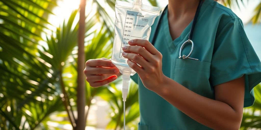 Medical professional prepares IV drip in tropical Koh Samui.