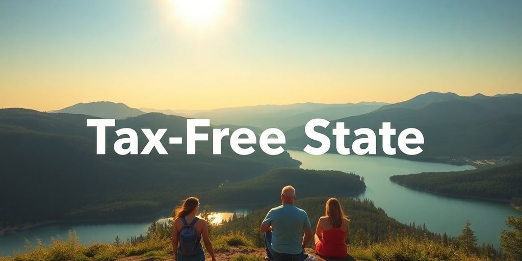 Scenic landscape of a tax-free state with residents enjoying outdoor activities.
