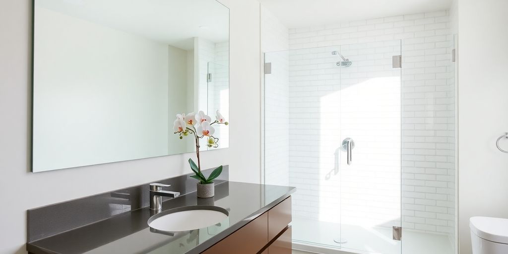 Modern bathroom with sleek fixtures and warm lighting.