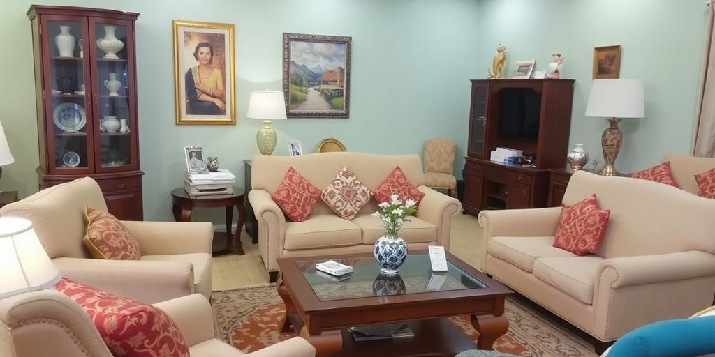 غرفة معيشة مزينة بأثاث مستعمل جذاب