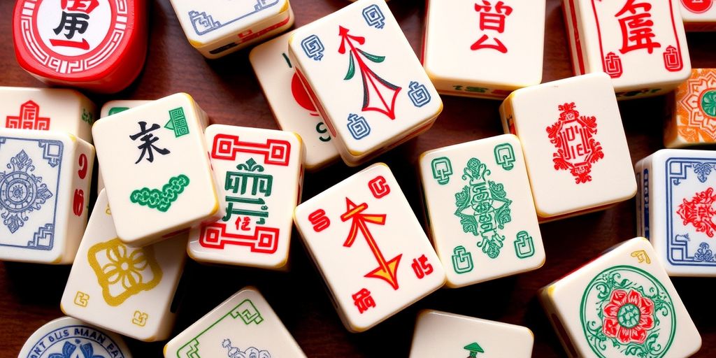 Colorful Mahjong tiles arranged artistically.