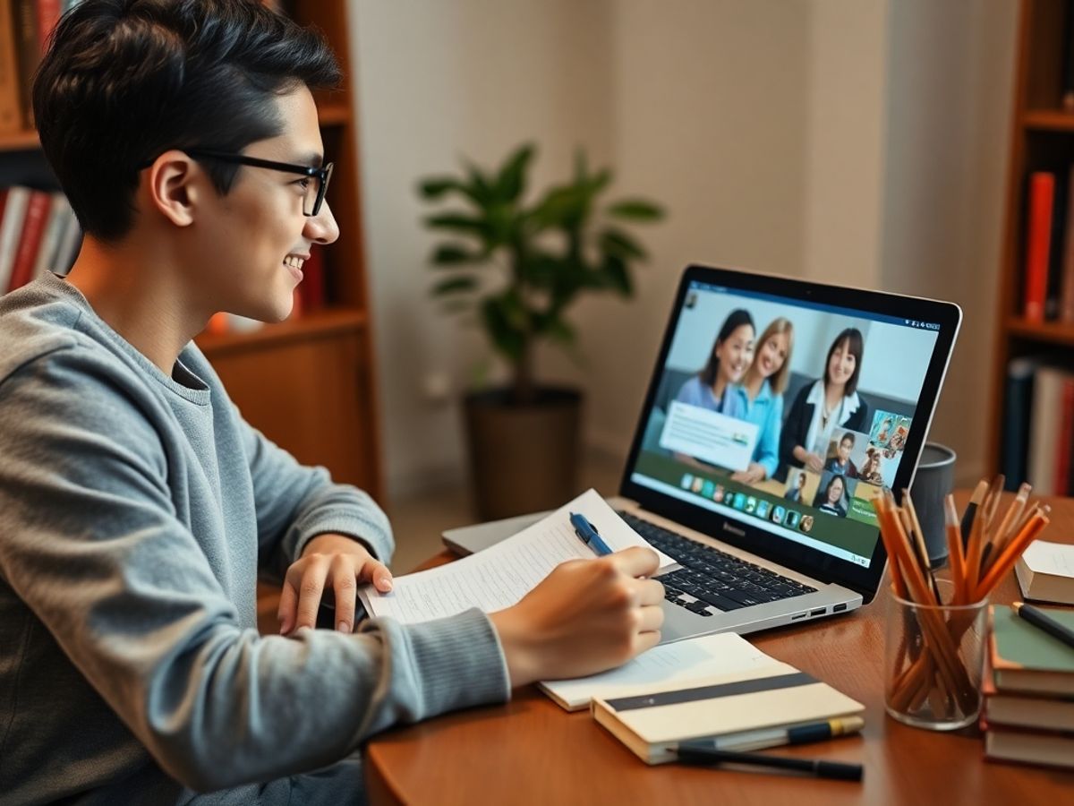 Student practicing TOEFL speaking skills with online tutor.