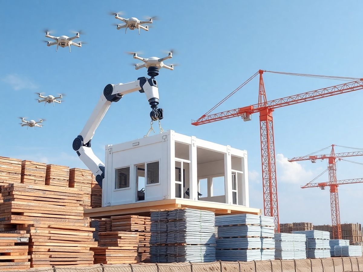 Roboți, macarale automatizate, materiale de construcție organizate, șantier modern.