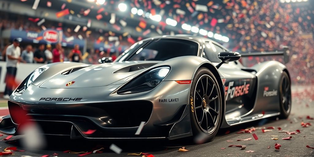Porsche Formula E car celebrating championship win.