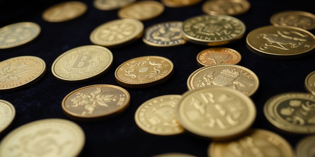 Coins d'or de collection sur un fond velouté.