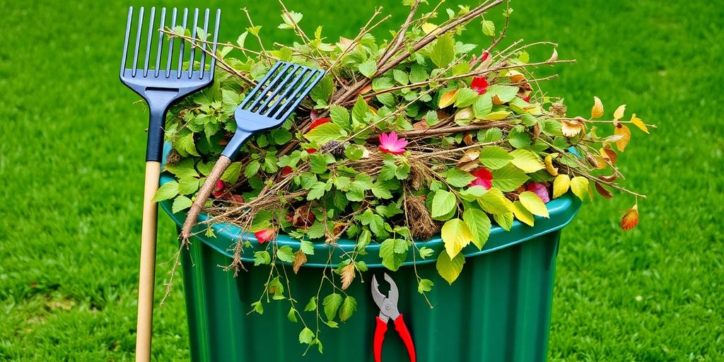 Green yard waste bin with garden tools.