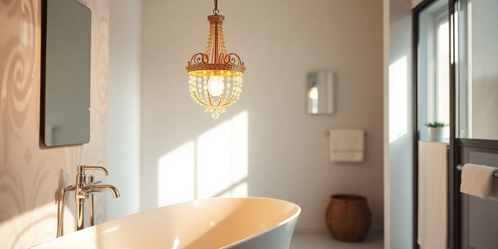 Small chandelier in a modern bathroom
