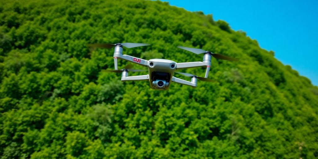 Drone survolant un paysage verdoyant et naturel.