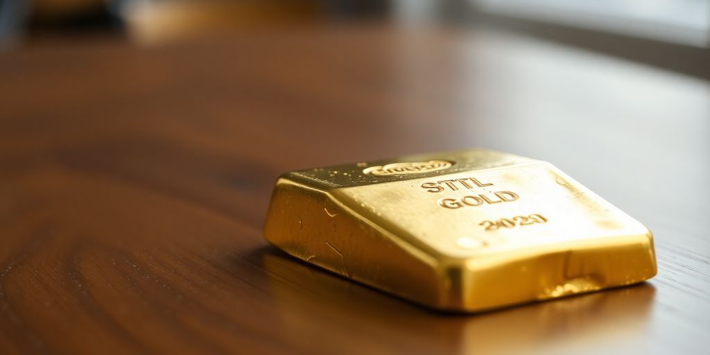 Lingot d'or sur une table en bois.