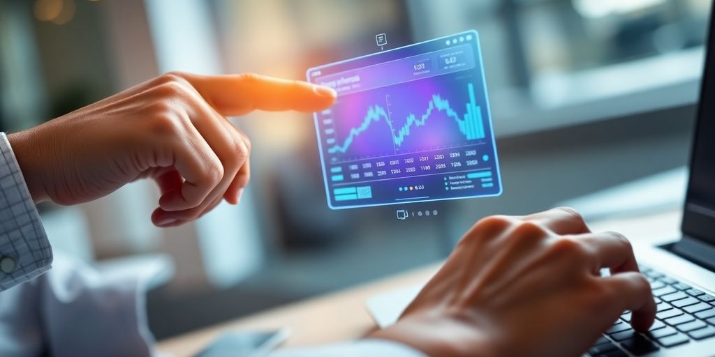 Hands interacting with a futuristic financial interface.