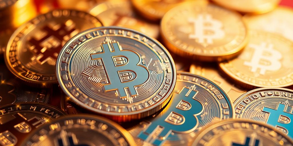 Crypto casino coins with vibrant digital patterns.