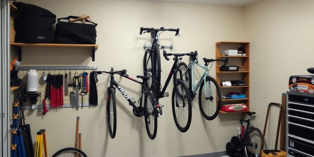 Wall-mounted bike rack with bikes in a garage.