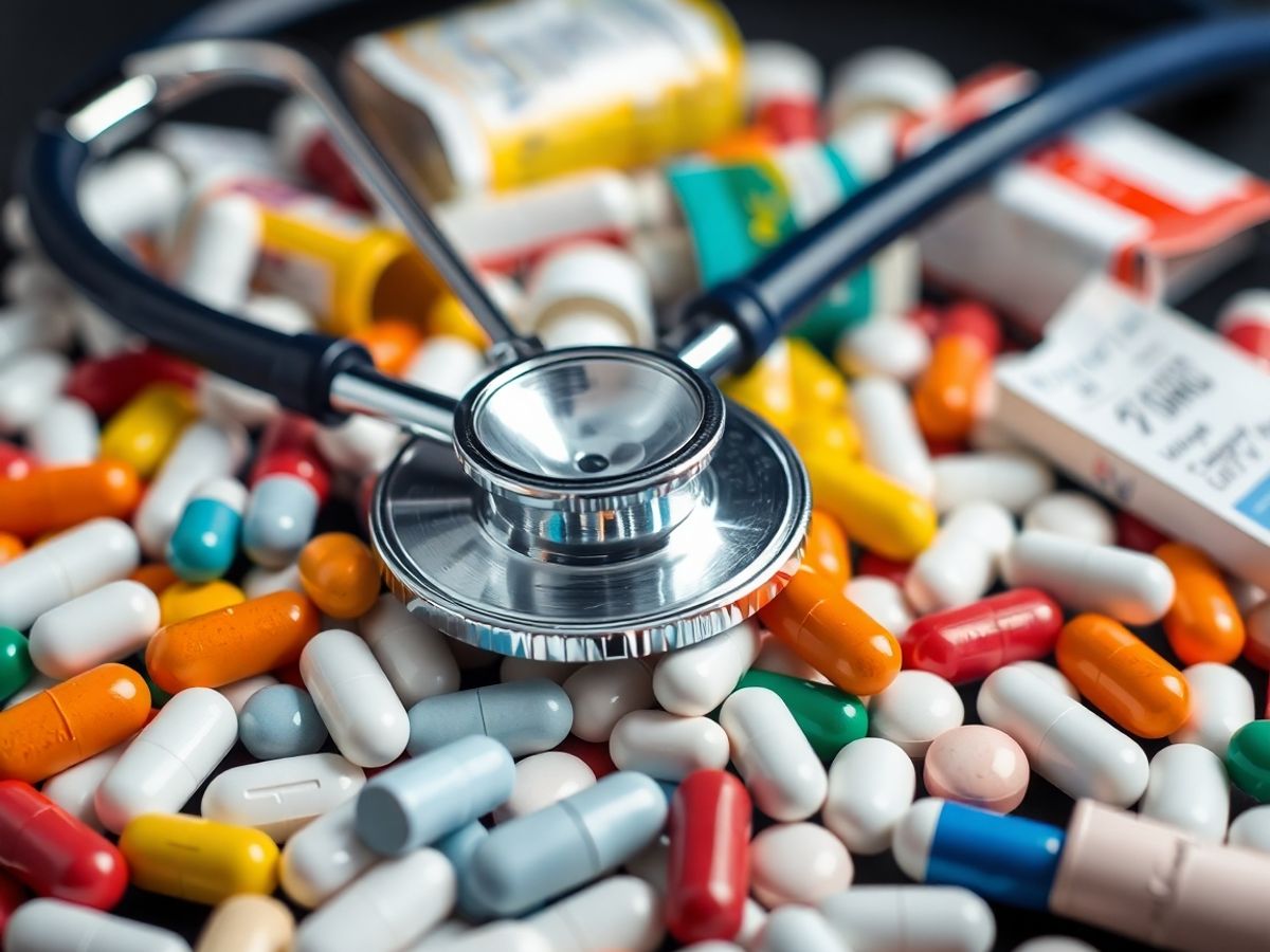 Stetoscop pe un teanc de medicamente.