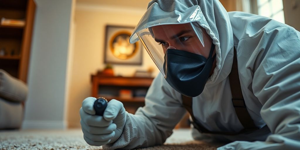 Tehnician de deratizare inspectând un covor pentru purici.