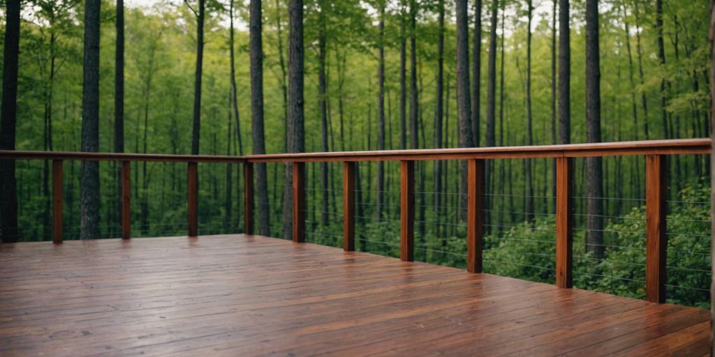 Expertly stained wooden deck in Hochatown, surrounded by lush greenery and forested area.