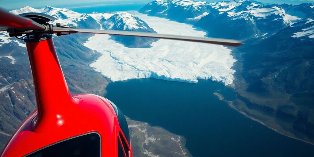 A helicopter flies over majestic Alaskan glaciers and snowy mountains.