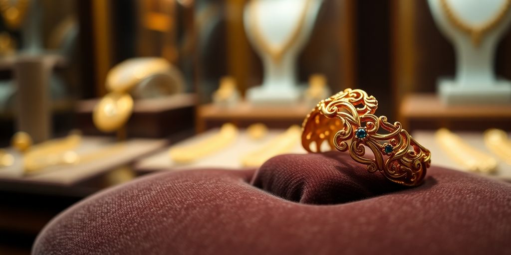 Bague en or sur un coussin en velours.