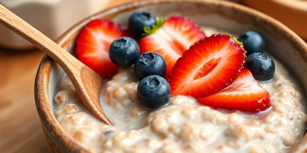 Oatmeal bowl with fresh berries and spoon.