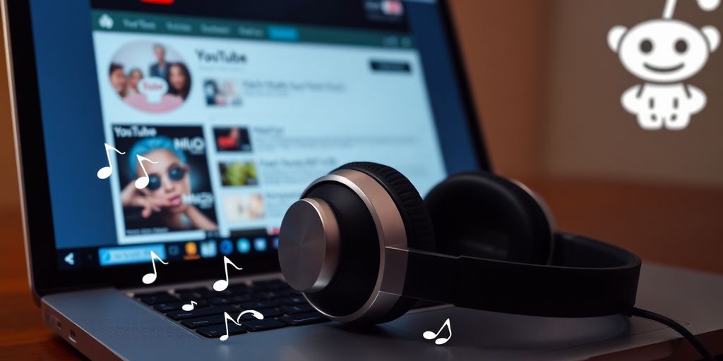 Laptop, headphones, music notes, Reddit logo