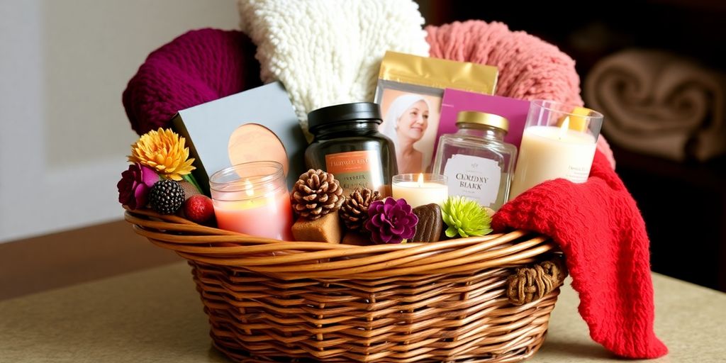 Gift basket with treats, blankets, and candles.