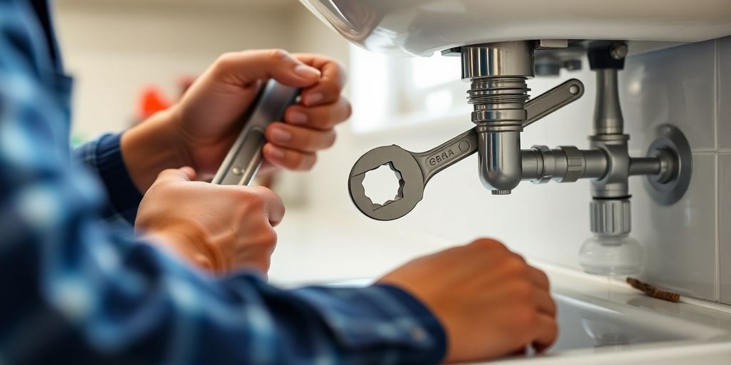 Plumber repairing a sink with tools in a kitchen.